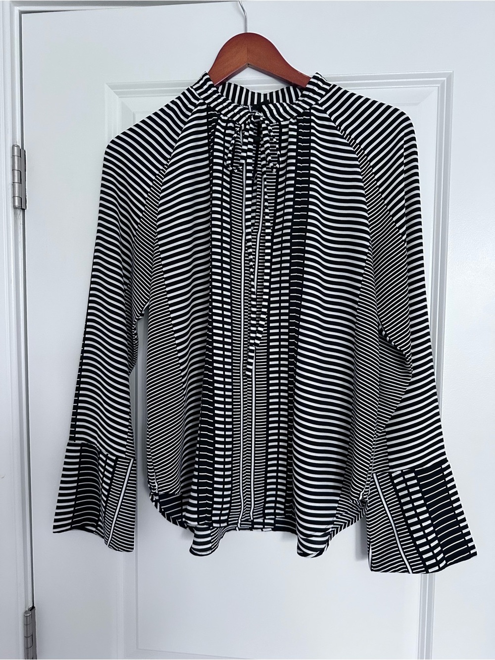 Ann Taylor Black and White Striped Tie-Neck Blouse